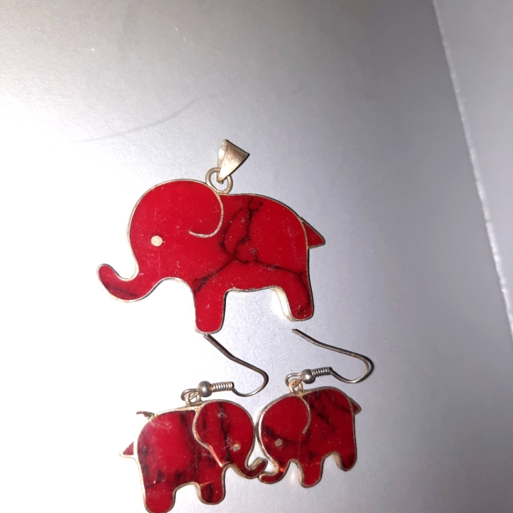Elephant jewelry, red, charm and sterling earrings